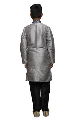Grey Embroidered Dupion Silk Boys Kurta Pyjama 4