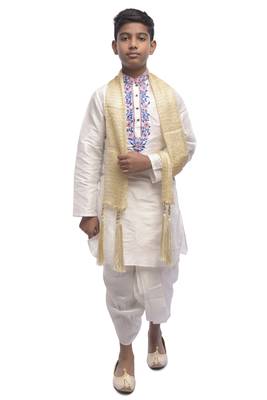 White Embroidered Dupion Silk Boys Kurta Pyjama 1