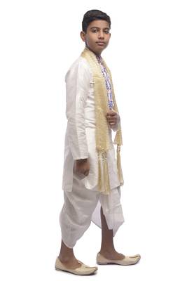 White Embroidered Dupion Silk Boys Kurta Pyjama 2