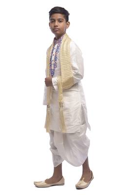 White Embroidered Dupion Silk Boys Kurta Pyjama 3