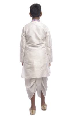 White Embroidered Dupion Silk Boys Kurta Pyjama 4