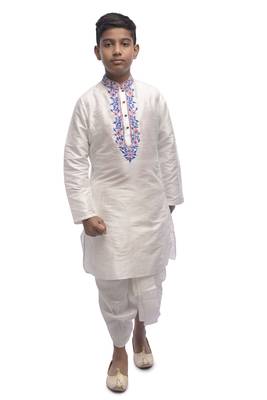 White Embroidered Dupion Silk Boys Kurta Pyjama 5