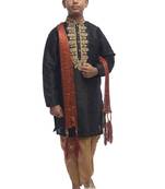 Black Embroidered Dupion Silk Boys Kurta Pyjama