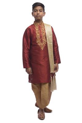 Maroon Embroidered Dupion Silk Boys Kurta Pyjama 1