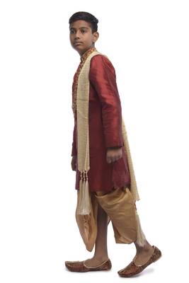 Maroon Embroidered Dupion Silk Boys Kurta Pyjama 2