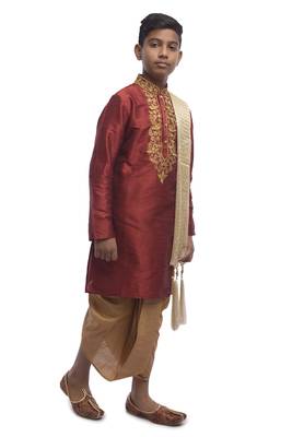 Maroon Embroidered Dupion Silk Boys Kurta Pyjama 3