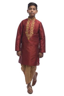 Maroon Embroidered Dupion Silk Boys Kurta Pyjama 5
