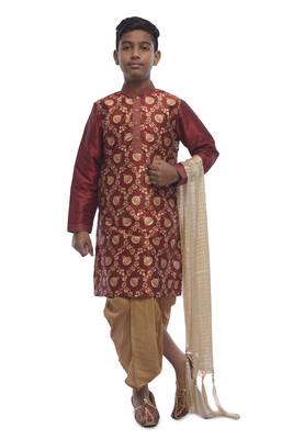 Maroon Printed Dupion Silk Boys Kurta Pyjama 1