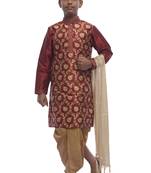 Maroon Printed Dupion Silk Boys Kurta Pyjama