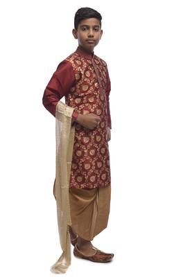 Maroon Printed Dupion Silk Boys Kurta Pyjama 2