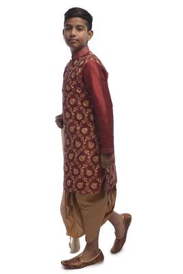 Maroon Printed Dupion Silk Boys Kurta Pyjama 3