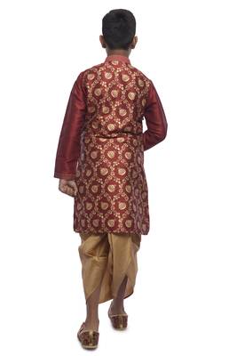 Maroon Printed Dupion Silk Boys Kurta Pyjama 4