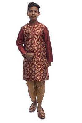 Maroon Printed Dupion Silk Boys Kurta Pyjama 5