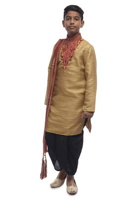 Fawn Embroidered Bhagalpuri Silk Boys Kurta Pyjama 1