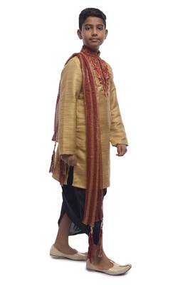 Fawn Embroidered Bhagalpuri Silk Boys Kurta Pyjama 2