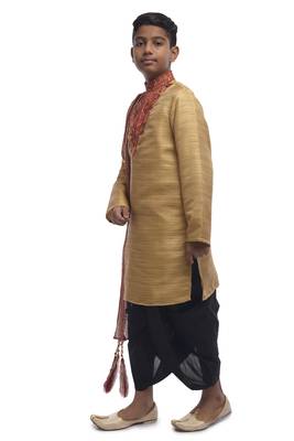 Fawn Embroidered Bhagalpuri Silk Boys Kurta Pyjama 3