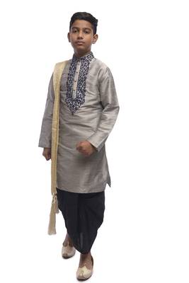 Grey Embroidered Dupion Silk Boys Kurta Pyjama 1
