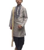 Grey Embroidered Dupion Silk Boys Kurta Pyjama