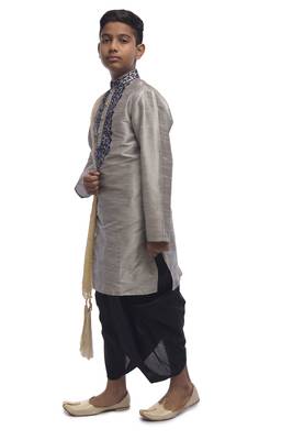 Grey Embroidered Dupion Silk Boys Kurta Pyjama 2
