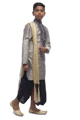 Grey Embroidered Dupion Silk Boys Kurta Pyjama 3