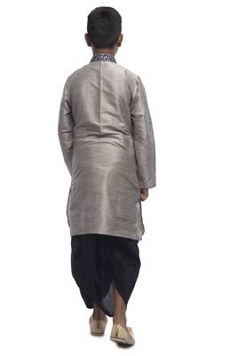 Grey Embroidered Dupion Silk Boys Kurta Pyjama 4