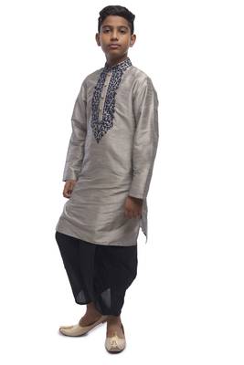Grey Embroidered Dupion Silk Boys Kurta Pyjama 5