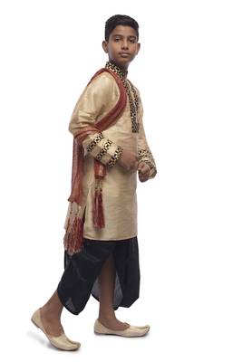 Fawn Embroidered Dupion Silk Boys Kurta Pyjama 2
