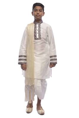 White Embroidered Dupion Silk Boys Kurta Pyjama 1