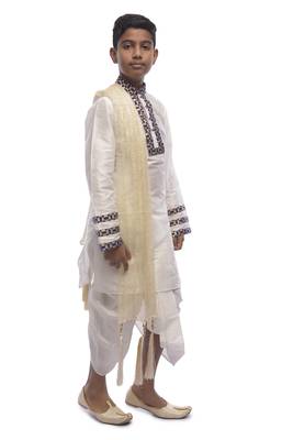White Embroidered Dupion Silk Boys Kurta Pyjama 2