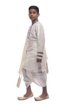 White Embroidered Dupion Silk Boys Kurta Pyjama 3