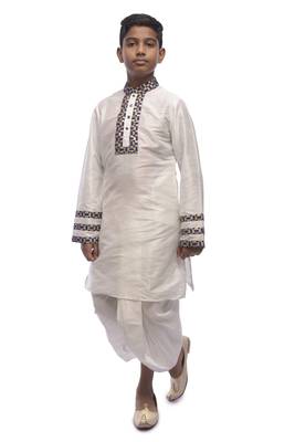White Embroidered Dupion Silk Boys Kurta Pyjama 5