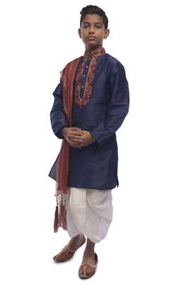 Blue Embroidered Dupion Silk Boys Kurta Pyjama 1