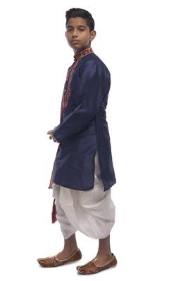 Blue Embroidered Dupion Silk Boys Kurta Pyjama 2