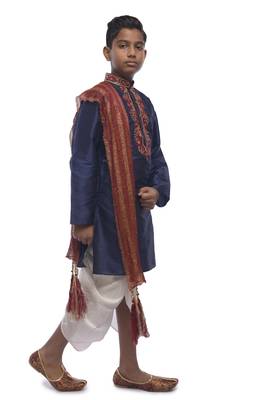 Blue Embroidered Dupion Silk Boys Kurta Pyjama 3