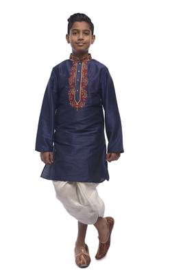 Blue Embroidered Dupion Silk Boys Kurta Pyjama 5