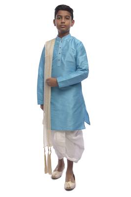 Blue Plain Dupion Silk Boys Kurta Pyjama 1