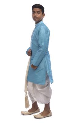 Blue Plain Dupion Silk Boys Kurta Pyjama 2