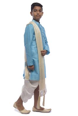 Blue Plain Dupion Silk Boys Kurta Pyjama 3
