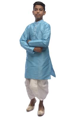 Blue Plain Dupion Silk Boys Kurta Pyjama 5