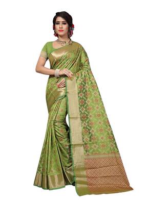 Green woven silk blend saree with blouse 1