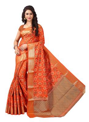 Orange woven silk blend saree with blouse 1