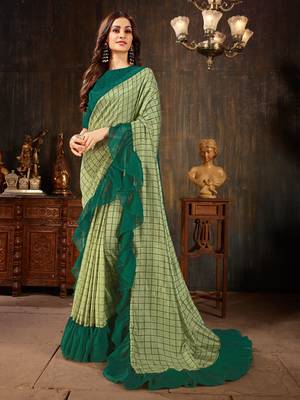 Manohari Light Green Georgette Silk Blend Ruffle Saree with Blouse Piece 1