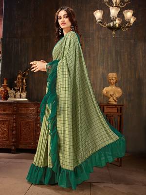 Manohari Light Green Georgette Silk Blend Ruffle Saree with Blouse Piece 2