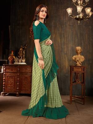 Manohari Light Green Georgette Silk Blend Ruffle Saree with Blouse Piece 3