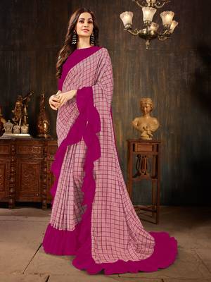 Manohari Pink Georgette Silk Blend Ruffle Saree with Blouse Piece 1