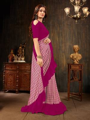 Manohari Pink Georgette Silk Blend Ruffle Saree with Blouse Piece 3