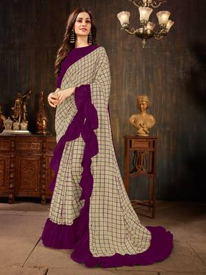 Manohari Beige Georgette Silk Blend Ruffle Saree with Blouse Piece 1