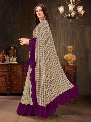 Manohari Beige Georgette Silk Blend Ruffle Saree with Blouse Piece 2