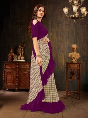 Manohari Beige Georgette Silk Blend Ruffle Saree with Blouse Piece 3