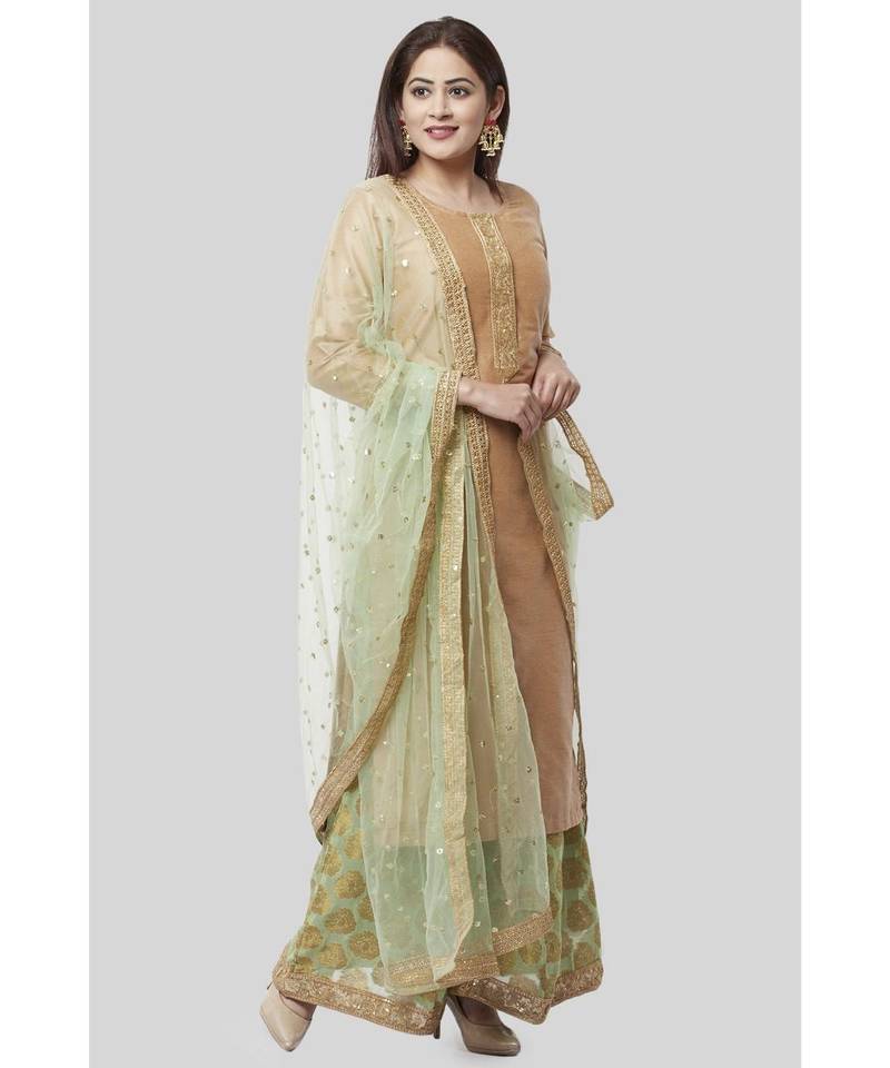 Pistachio Gold Kurti with Kalidaar Palazzo and Sequenced Net Dupatta